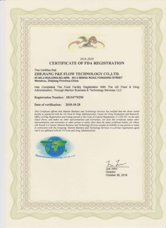 P&E FLOW TECHNOLOGY CO.,LTD has passed  FDA certification
